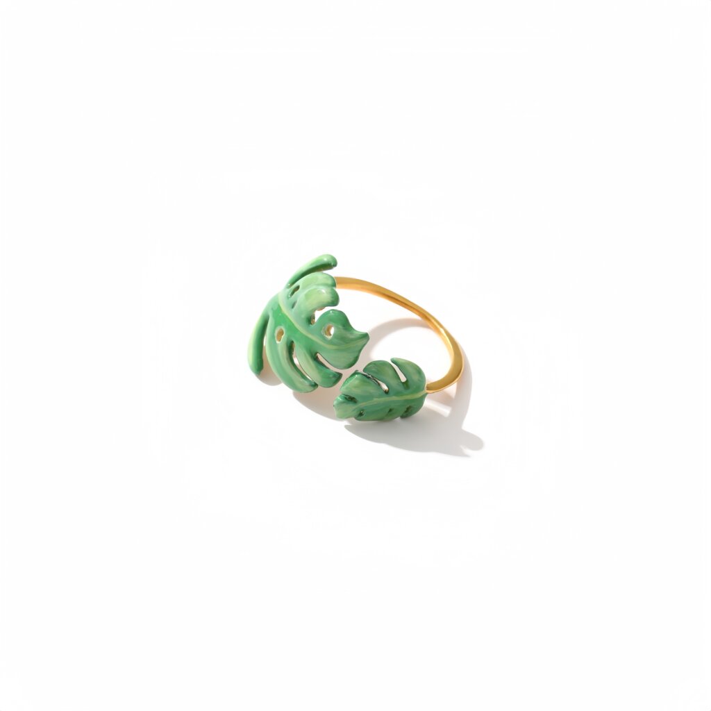 生意盎然綠植系列龜貝芋雙葉森林綠彩繪琺瑯戒指
